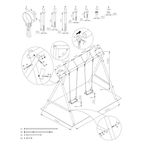 Altalena in Legno per Bambini 2 Posti Pino Impregnato da Giardino