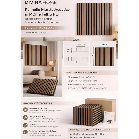 Set 12 Pannelli Acustici MDF Feltro PET 60x60 cm Effetto Legno Rovere