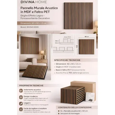 Set 12 Pannelli Acustici MDF Feltro PET 60x60 cm Effetto Legno Rovere