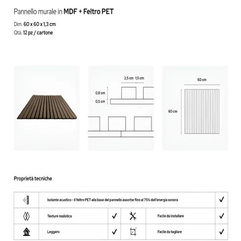 Set 12 Pannelli Acustici MDF Feltro PET 60x60 cm Effetto Legno Rovere