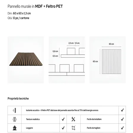 Set 12 Pannelli Acustici MDF Feltro PET 60x60 cm Effetto Legno Rovere