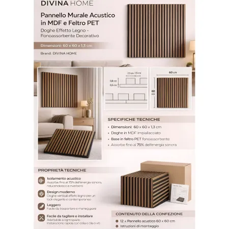 Set 12 Pannelli Acustici MDF Feltro PET 60x60 cm Effetto Legno Noce