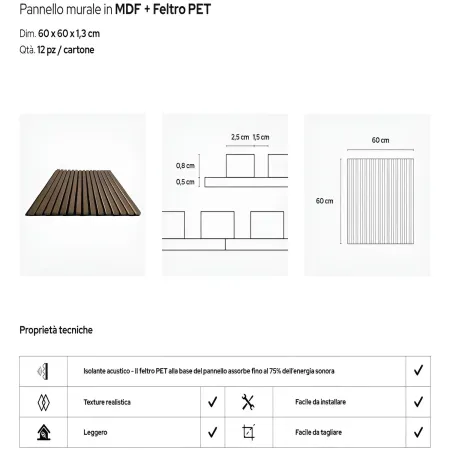 Set 12 Pannelli Acustici MDF Feltro PET 60x60 cm Effetto Legno Noce