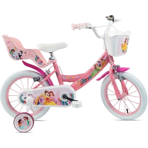 Bicicletta Bambini 14" Principesse Disney Rosa Rotelle Cestino Sedile