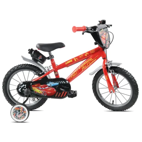 Bicicletta per Bambini 14" Cars Rosso Nero Rotelle Borraccia Trombetta
