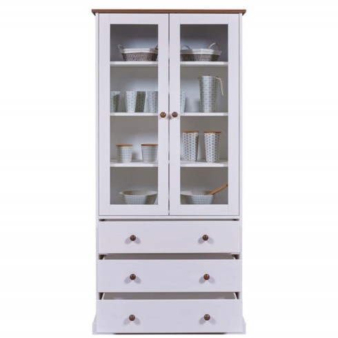 Vetrina con 3 Cassetti e 2 Ante Credenza Bianca da Cucina in Legno