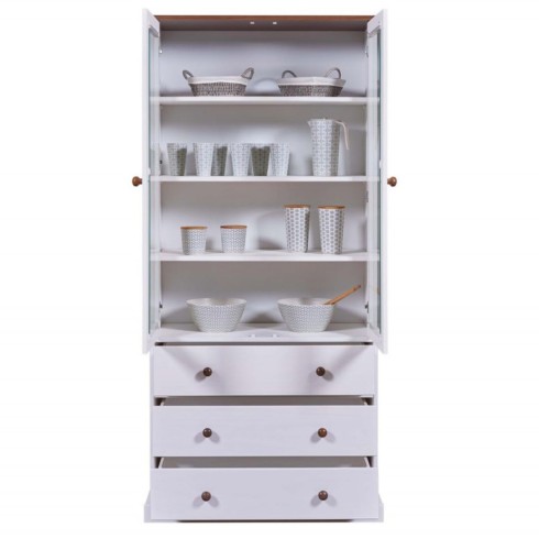 Vetrina con 3 Cassetti e 2 Ante Credenza Bianca da Cucina in Legno
