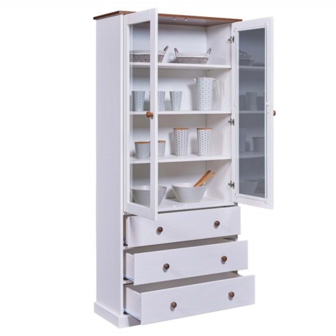 Vetrina con 3 Cassetti e 2 Ante Credenza Bianca da Cucina in Legno