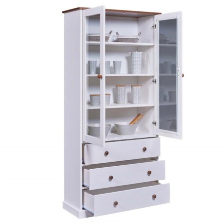 Vetrina con 3 Cassetti e 2 Ante Credenza Bianca da Cucina in Legno