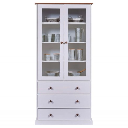 Vetrina con 3 Cassetti e 2 Ante Credenza Bianca da Cucina in Legno