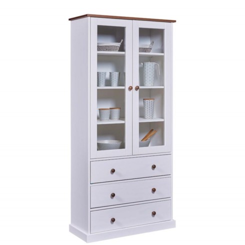 Vetrina con 3 Cassetti e 2 Ante Credenza Bianca da Cucina in Legno