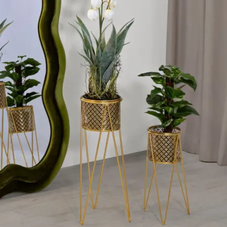 Portavasi Metallo Oro Set 2 Pz 46 e 32 cm Intagli Tondi Vasi Rimovibili
