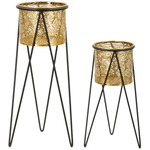 Set 2 Portavasi Metallo Nero Oro a Foglia 46 e 32 cm Vasi Rimovibili