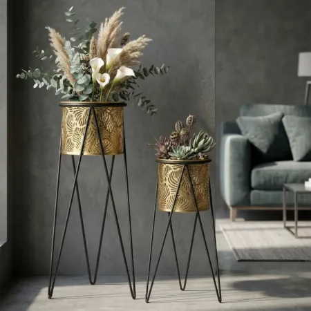 Set 2 Portavasi Metallo Nero Oro a Foglia 46 e 32 cm Vasi Rimovibili