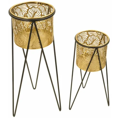 Set 2 Portavasi Metallo Nero Oro a Foglia 46 e 32 cm Vasi Rimovibili
