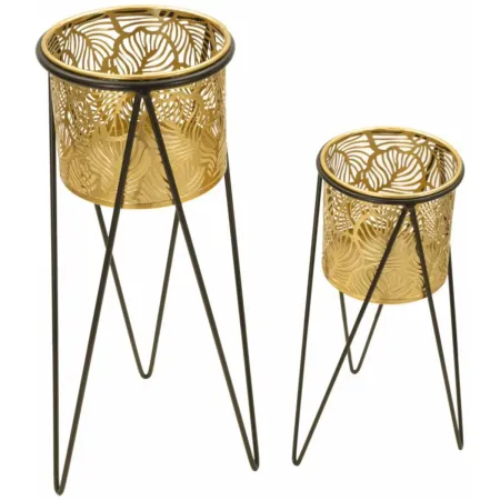 Set 2 Portavasi Metallo Nero Oro a Foglia 46 e 32 cm Vasi Rimovibili