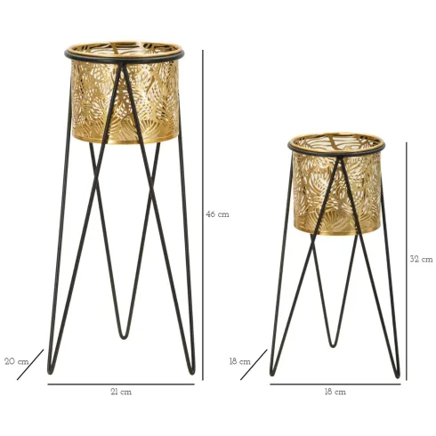 Set 2 Portavasi Metallo Nero Oro a Foglia 46 e 32 cm Vasi Rimovibili