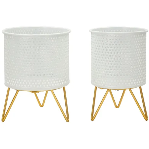 Set 2 Portavasi Metallo Bianco Oro a Pois Vasi Rimovibili da Interno