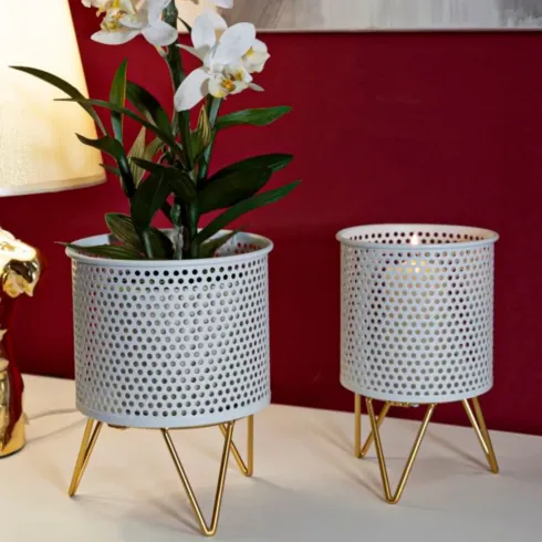 Set 2 Portavasi Metallo Bianco Oro a Pois Vasi Rimovibili da Interno