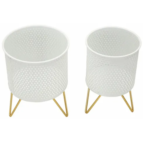 Set 2 Portavasi Metallo Bianco Oro a Pois Vasi Rimovibili da Interno