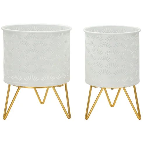 Set 2 Portavasi Metallo Bianco Oro con Vasi Rimovibili Intagli Decorativi