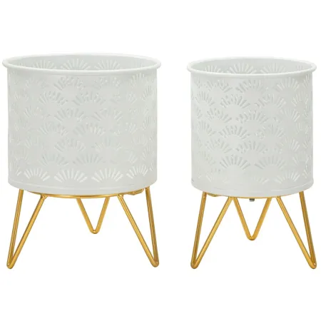 Set 2 Portavasi Metallo Bianco Oro con Vasi Rimovibili Intagli Decorativi