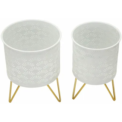 Set 2 Portavasi Metallo Bianco Oro con Vasi Rimovibili Intagli Decorativi