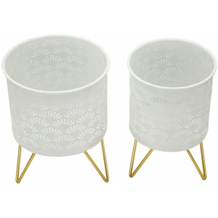Set 2 Portavasi Metallo Bianco Oro con Vasi Rimovibili Intagli Decorativi