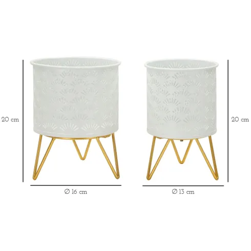 Set 2 Portavasi Metallo Bianco Oro con Vasi Rimovibili Intagli Decorativi