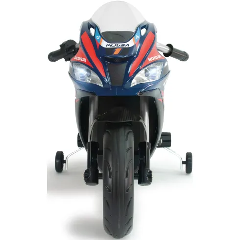 Moto Elettrica per Bambini Honda 12V Blu con Rotelle Laterali Luci LED