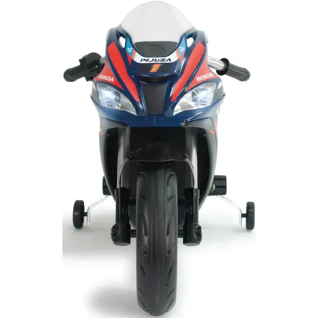 Moto Elettrica per Bambini Honda 12V Blu con Rotelle Laterali Luci LED