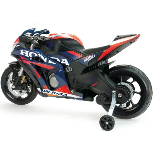Moto Elettrica per Bambini Honda 12V Blu con Rotelle Laterali Luci LED