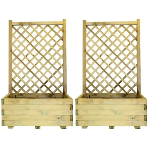 Set 2 Fioriere con Griglia in Legno Portavaso Telo Impermeabilizzante