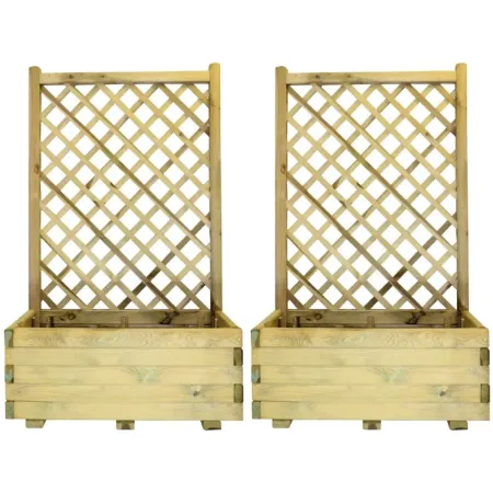 Set 2 Fioriere con Griglia in Legno Portavaso Telo Impermeabilizzante