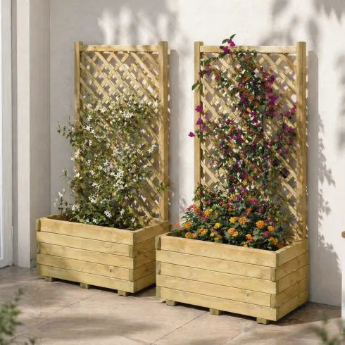 Set 2 Fioriere con Griglia in Legno Portavaso Telo Impermeabilizzante