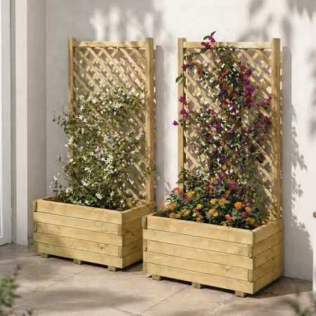 Set 2 Fioriere con Griglia in Legno Portavaso Telo Impermeabilizzante