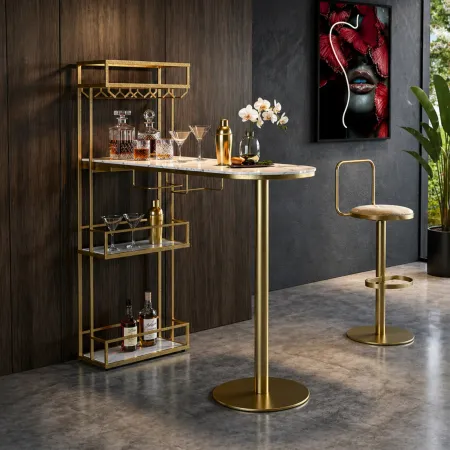 Bancone Bar Penisola Cucina Metallo Marmo Sintetico Bianco Oro Ripiani