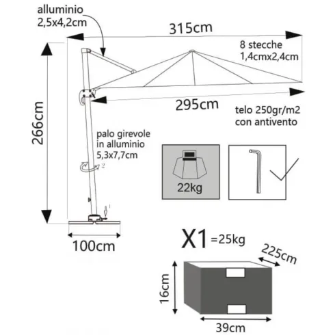 Ombrellone Quadrato 3x3 m Palo Laterale Bianco Tortora Telo Antivento