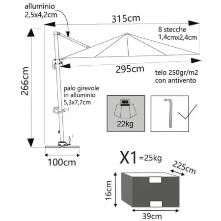 Ombrellone Quadrato 3x3 m Palo Laterale Bianco Tortora Telo Antivento