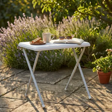 Tavolino Pieghevole Bianco in PVC Acciaio da Esterno 52x37x47 cm