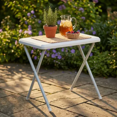 Tavolino Pieghevole Bianco in PVC Acciaio da Esterno 52x37x47 cm