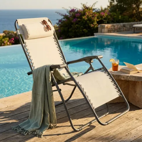 Sedia Sdraio Pieghevole in Textilene Beige da Spiaggia Giardino Balcone