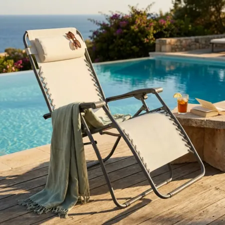 Sedia Sdraio Pieghevole in Textilene Beige da Spiaggia Giardino Balcone
