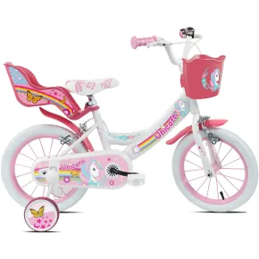 Bicicletta per Bambini 16" Rosa Unicorno Rotelle Removibili Cestino