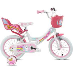 Bicicletta per Bambini 14" Rosa Unicorno Rotelle Removibili Cestino