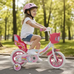 Bicicletta per Bambini 12" Rosa Unicorno Rotelle Removibili Cestino 2