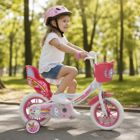 Bicicletta per Bambini 12" Rosa Unicorno Rotelle Removibili Cestino