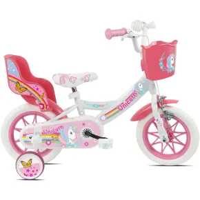 Bicicletta per Bambini 12" Rosa Unicorno Rotelle Removibili Cestino