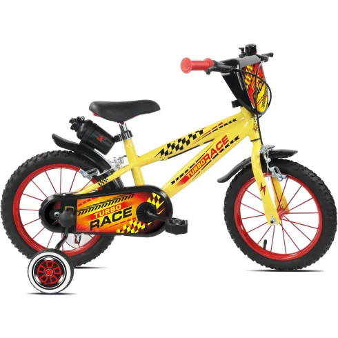 Bicicletta Bambini 14" Giallo Rotelle Removibili Turbo Race Borraccia