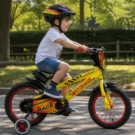 Bicicletta Bambini 14" Giallo Rotelle Removibili Turbo Race Borraccia